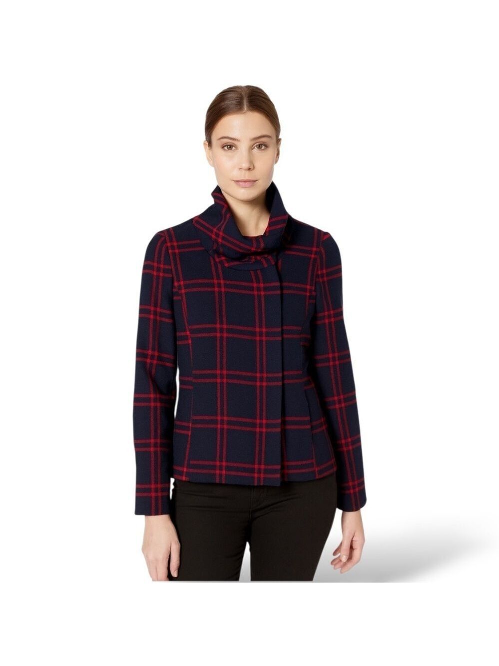 H&M Wool Blend Plaid Navy and Red Funnel Neck Blazer Snap Closure Belt Loops 4